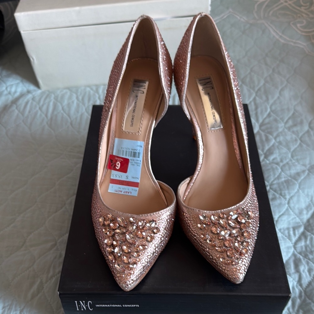 INC International Concepts Metallic Rose Gold Rhinestone Heels
